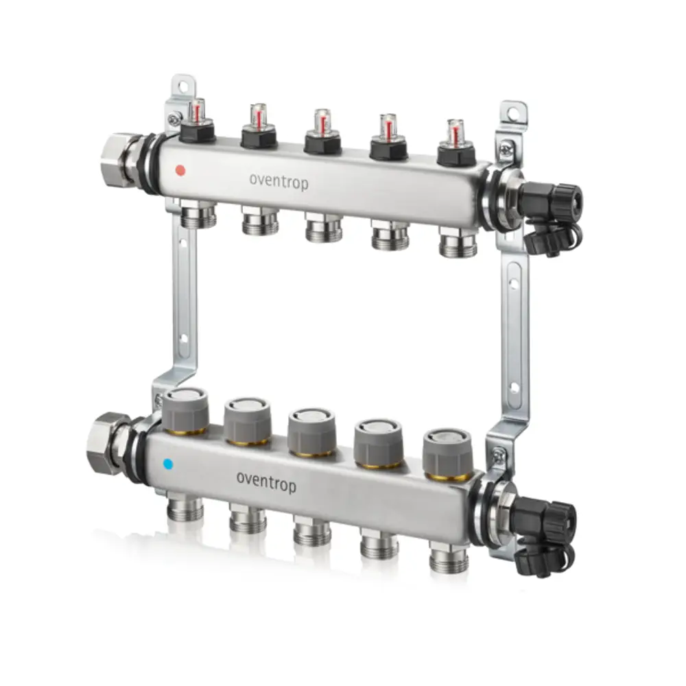 Heizkreisverteiler mit mehreren Anschlüssen und integrierten Durchflussindikatoren. Das Produkt ist aus Metall gefertigt und trägt die Marke Oventrop.